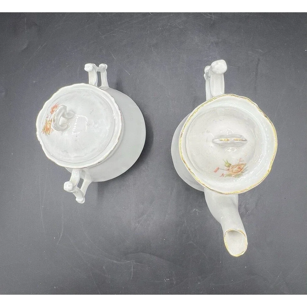 Vintage Porcelain Teapot Sugar Bowl Set Pink Yellow Rose Floral Gold Trim Lids